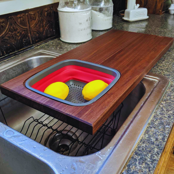 Large Over The Sink Black Walnut Edge Grain Cutting Board with Colander and Clear Rubber Grip Feet