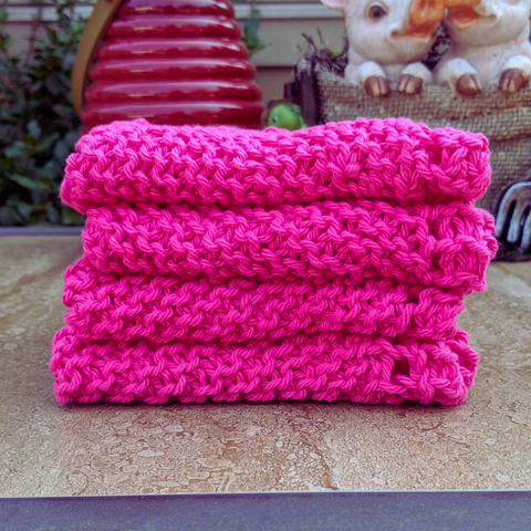 Set of Four Hand-Knit Washcloths, 100% Cotton Dish Cloths, Bright Magenta