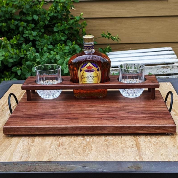 Black Walnut Wood Whiskey Charcuterie Tray with Whiskey Glasses, Cast Iron Handles, & Clear Rubber Grip Feet