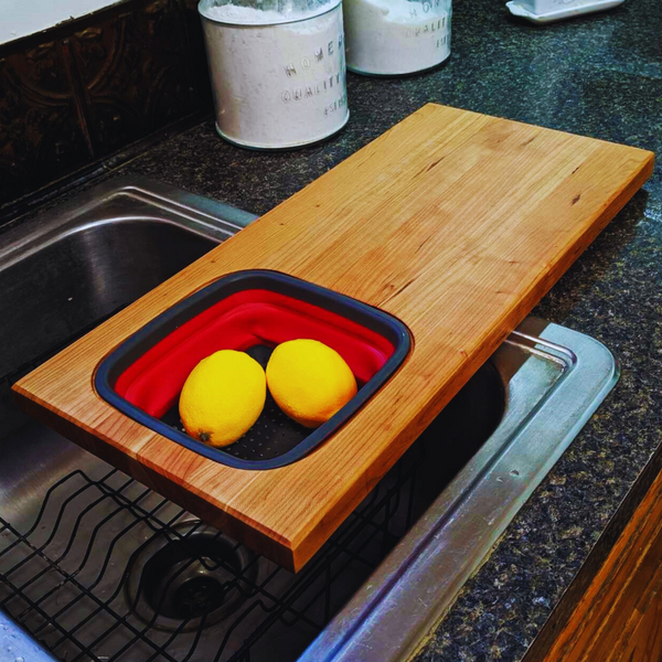 Over the Sink Cherry Wood Edge Grain Cutting Board with Colander and Clear Rubber Grip Feet