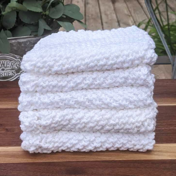 Set of Four Hand-Knit Washcloths, 100% Cotton Dishrags, White