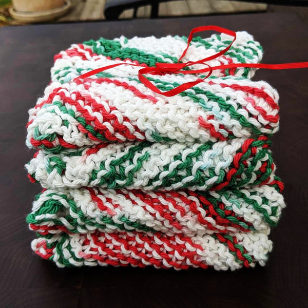 Four Hand-Knit Washcloths, 100% Cotton Dishrags, "Mistletoe" Christmas Red, Green, & White