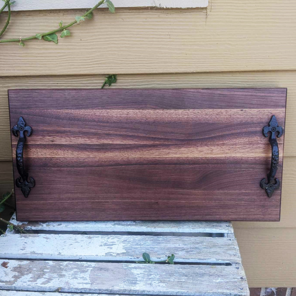 Black Walnut Charcuterie Board / Serving Tray With Heavy Duty Cast Iron Handles & Clear Rubber Grip Feet