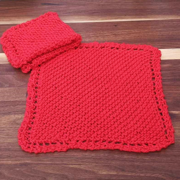 Set of Two Hand-Knit Washcloths, 100% Cotton Dishrags, Red