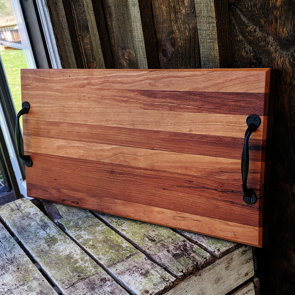 Spalted Cherry Wood Charcuterie Board with Sturdy Cast Iron Handles & Clear Rubber Grip Feet Wooden Cheese Serving Tray