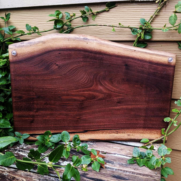 Black Walnut Wood Charcuterie Board / Wooden Serving Tray With Heavy Duty Cast Iron Handles & Clear Rubber Feet