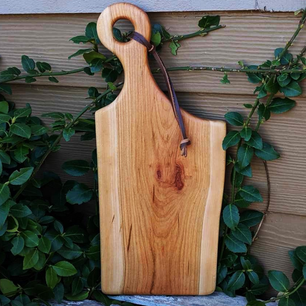 Cherry Wood Charcuterie Board With Handle & Leather Strap Wooden Serving Tray