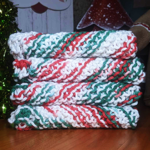 Four Hand-Knit Washcloths, 100% Cotton Dishrags, "Mistletoe" Christmas Red, Green, & White