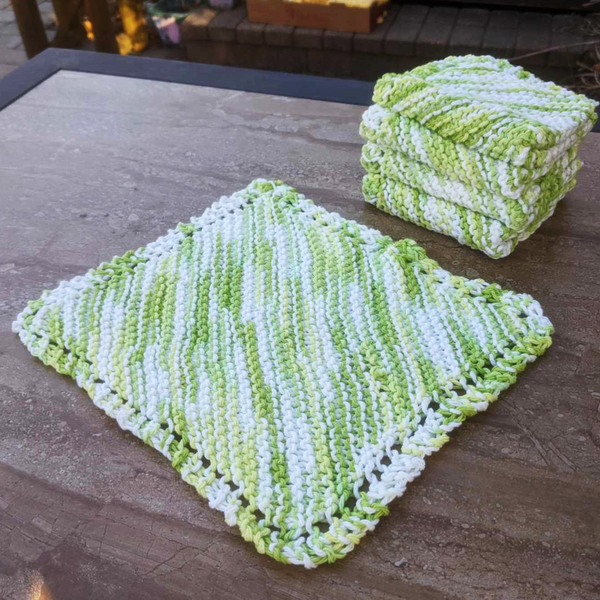Set of Four Hand-Knit Washcloths, 100% Cotton Dishrags, "Key Lime Pie" White, Yellow, Lime Green