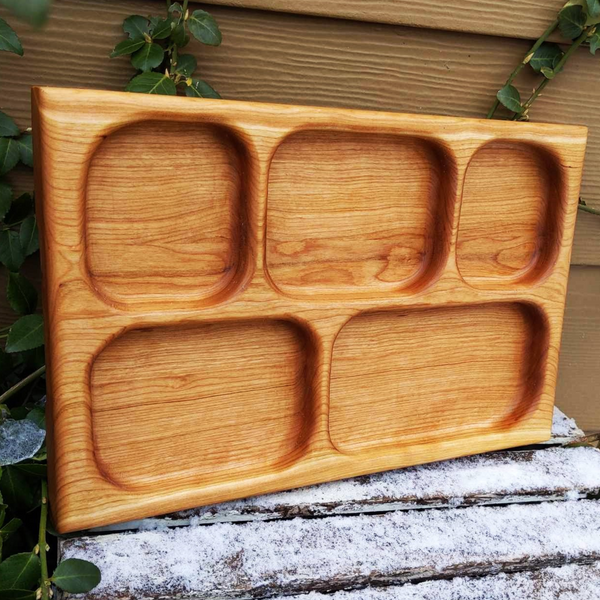 Cherry Wood Divided Food Plate with Compartments, Wooden Dinner Tray