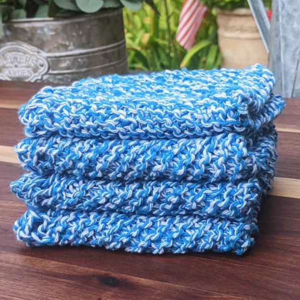 Set of Four Hand-Knit Washcloths, 100% Cotton Dishrags, Blue and White