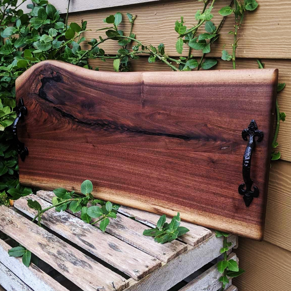 Large Black Walnut Live Edge Charcuterie Board Serving Tray With Handles & Clear Rubber Grip Feet.