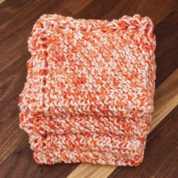 Set of Four Hand-Knit Washcloths, 100% Cotton Dishrags Orange & White