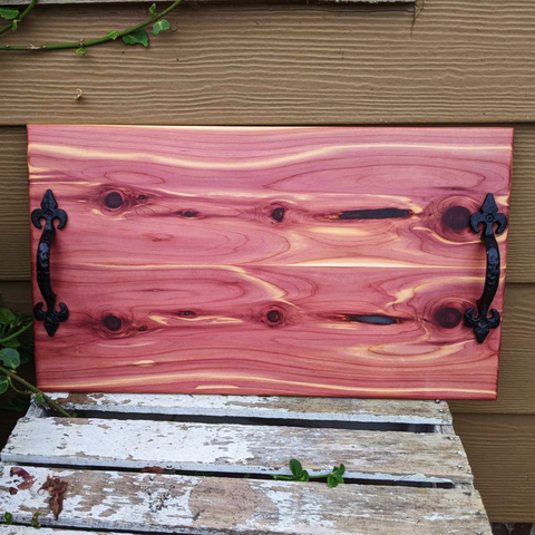 Large Red Cedar Charcuterie Board with Wrought Iron Handles & Clear Rubber Grip Feet