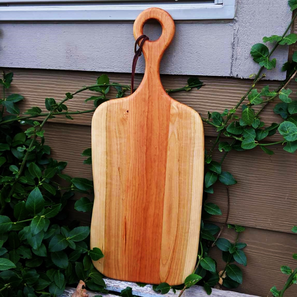 Cherry Wood Charcuterie Board With Handle & Leather Strap Wooden Serving Tray