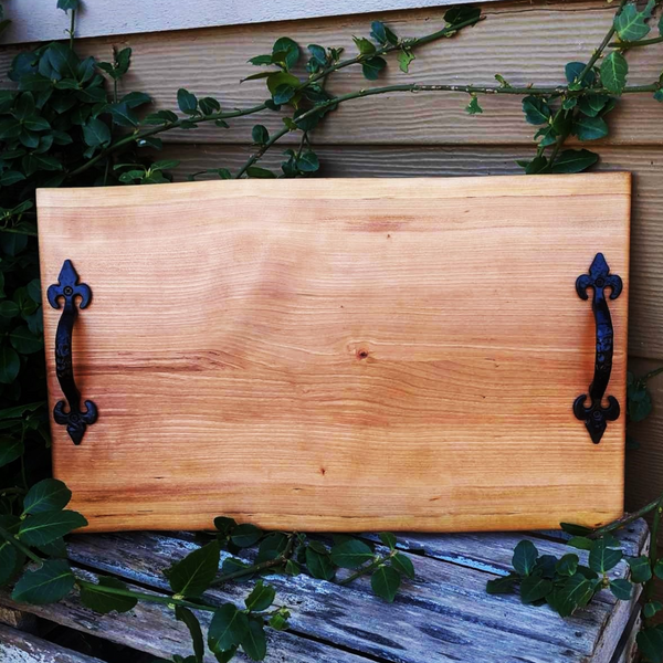 Cherry Wood Charcuterie Board with Sturdy Cast Iron Handles & Clear Rubber Grip Feet Wooden Cheese Serving Tray