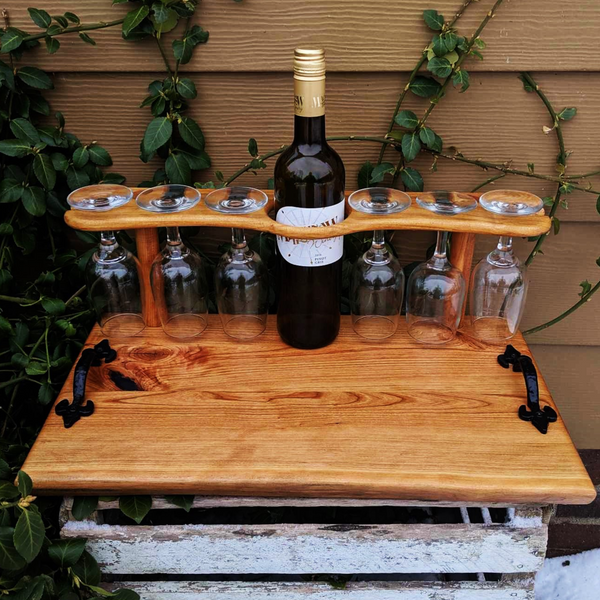 Spalted Cherry Wood Wine Charcuterie Board with Six Wine Glasses, Cast Iron Handles, & Clear Rubber Grip Feet