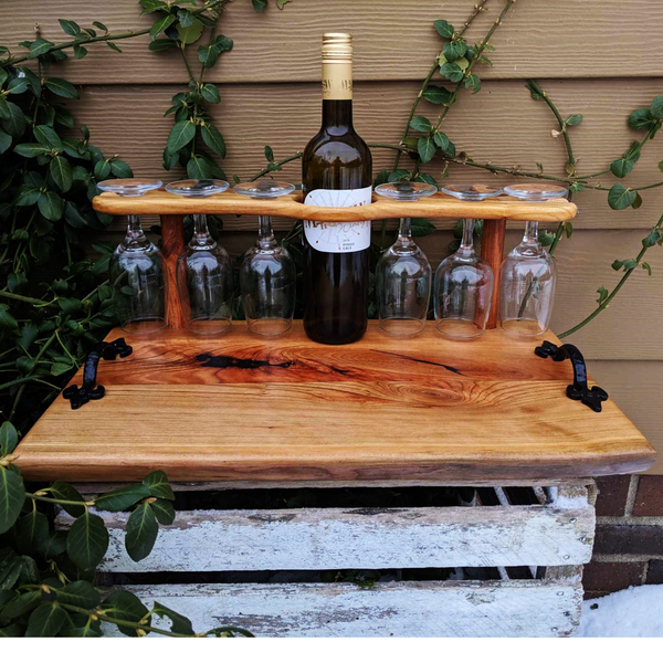 Spalted Cherry Wood Wine Charcuterie Board with Six Wine Glasses, Cast Iron Handles, & Clear Rubber Grip Feet