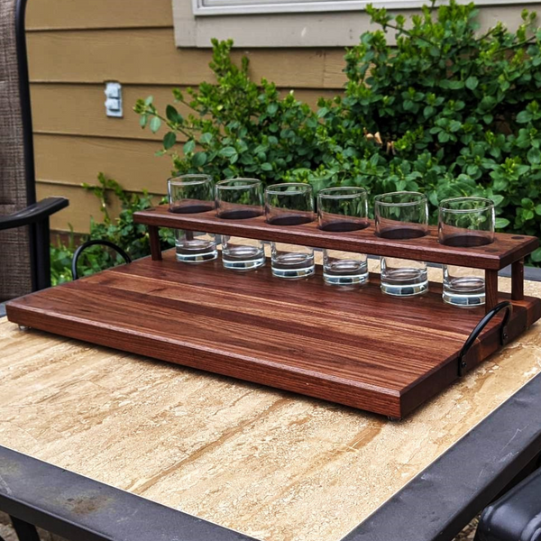 Black Walnut Wood Beer Flight Butcher Block / Charcuterie Board with 5.5 oz. Taster Glasses, Stainless Steel Sauce Cups, Cast Iron Handles, & Clear Rubber Grip Feet