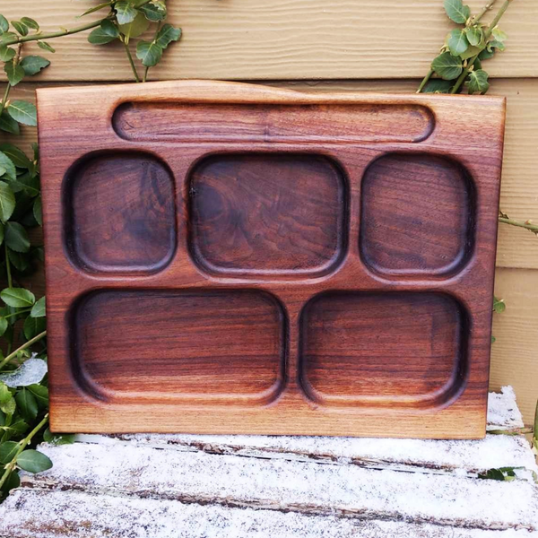 Black Walnut Wood Divided Food Plate with Compartments, Wooden Dinner Tray