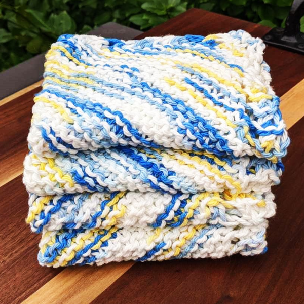 Set of Four Hand-Knit Washcloths, 100% Cotton Dishrags Blue, Yellow, & White