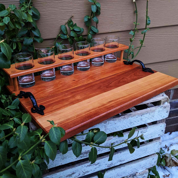 Spalted Cherry Wood Beer Flight Charcuterie Board with 5.5 oz. Taster Glasses, Stainless Steel Sauce Cups, Cast Iron Handles, & Clear Rubber Grip Feet