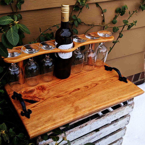 Spalted Cherry Wood Wine Charcuterie Board with Six Wine Glasses, Cast Iron Handles, & Clear Rubber Grip Feet