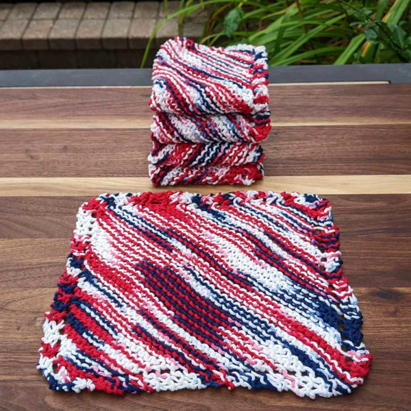 Set of Four Hand-Knit Washcloths, 100% Cotton Dishrags Red, White, & Blue