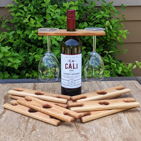 Oak Hardwood Wine Bottle & Glass Caddy 2-Glass