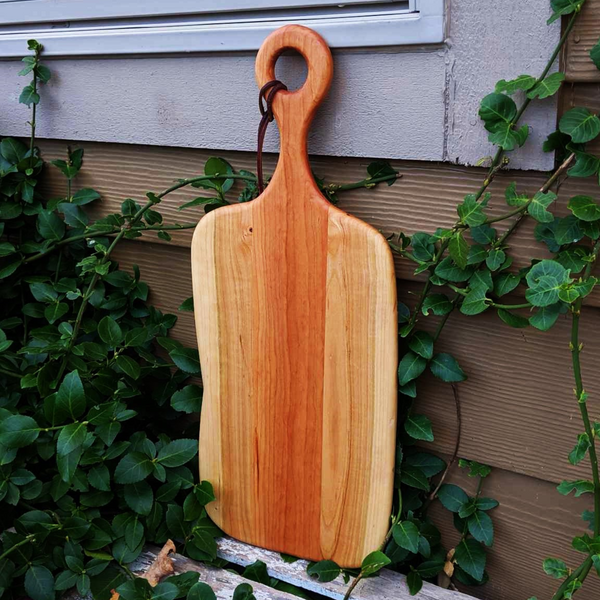 Cherry Wood Charcuterie Board With Handle & Leather Strap Wooden Serving Tray