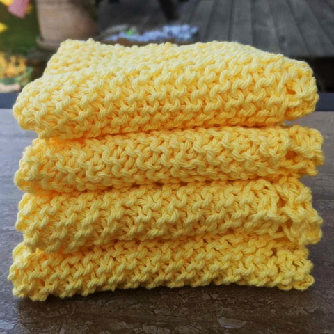 Set of Four Hand-Knit Washcloths, 100% Cotton Dishrags Bright Yellow