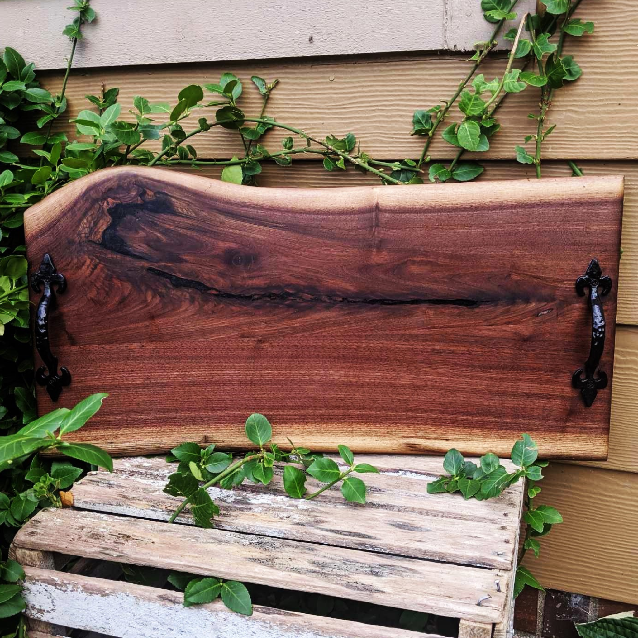 Large Black Walnut Live Edge Charcuterie Board Serving Tray With Handles & Clear Rubber Grip Feet.