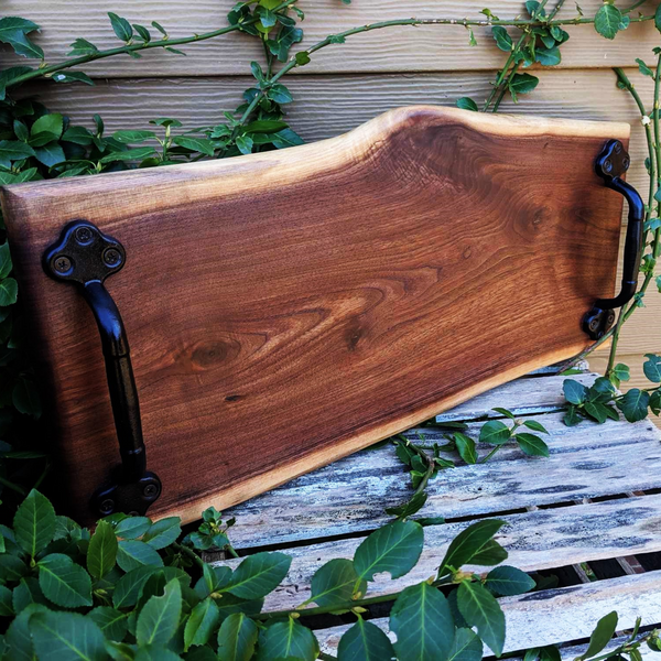 Black Walnut Wood Charcuterie Board / Wooden Serving Tray With Heavy Duty Cast Iron Handles & Clear Rubber Feet