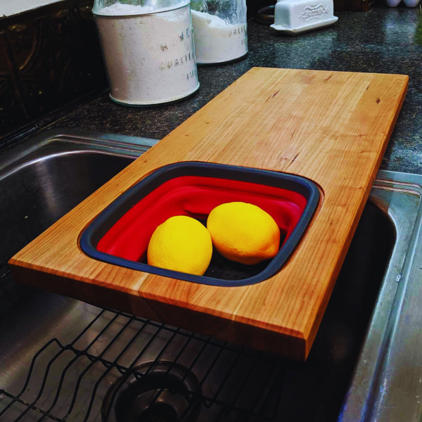 Over the Sink Cherry Wood Edge Grain Cutting Board with Colander and Clear Rubber Grip Feet