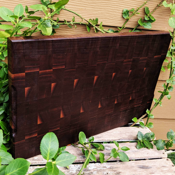 Large Black Walnut End Grain Cutting Board with Hand Grooves and a Beveled Edge.