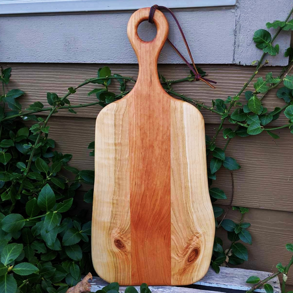 Cherry Wood Charcuterie Board With Handle & Leather Strap Wooden Serving Tray