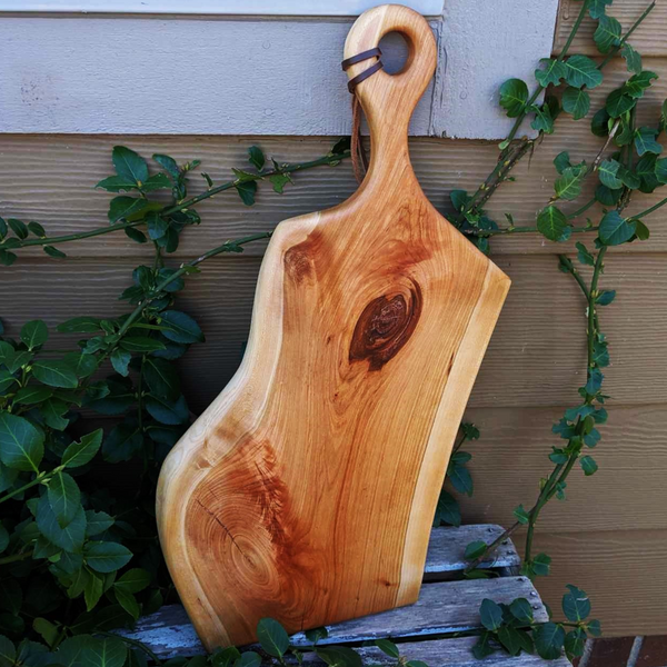 Large Cherry Wood Charcuterie Board With Handle & Leather Strap Wooden Serving Tray