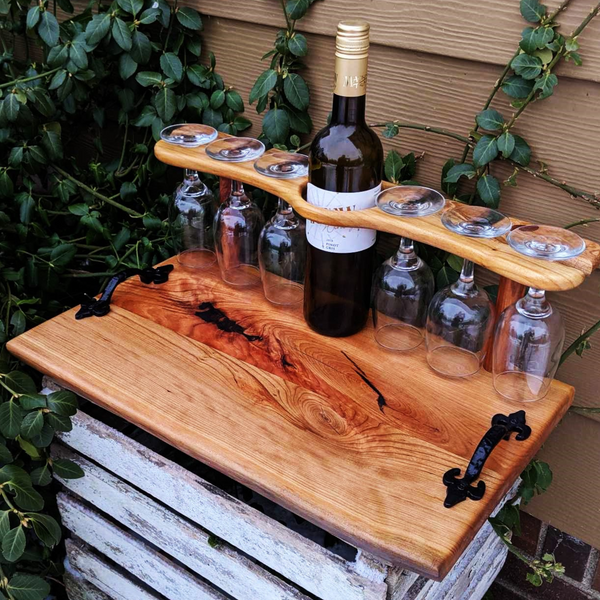 Spalted Cherry Wood Wine Charcuterie Board with Six Wine Glasses, Cast Iron Handles, & Clear Rubber Grip Feet