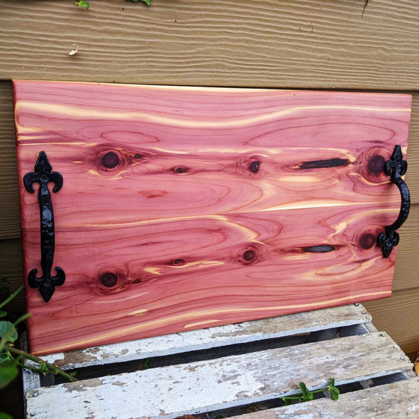 Large Red Cedar Charcuterie Board with Wrought Iron Handles & Clear Rubber Grip Feet