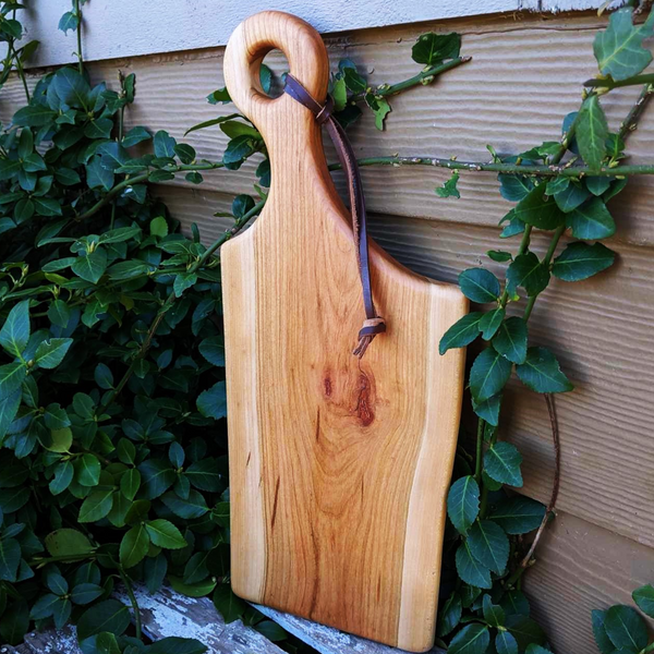 Cherry Wood Charcuterie Board With Handle & Leather Strap Wooden Serving Tray