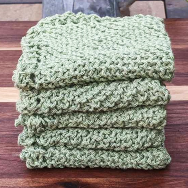 Set of Four Hand-Knit Washcloths, 100% Cotton Dishrags, Sage Green