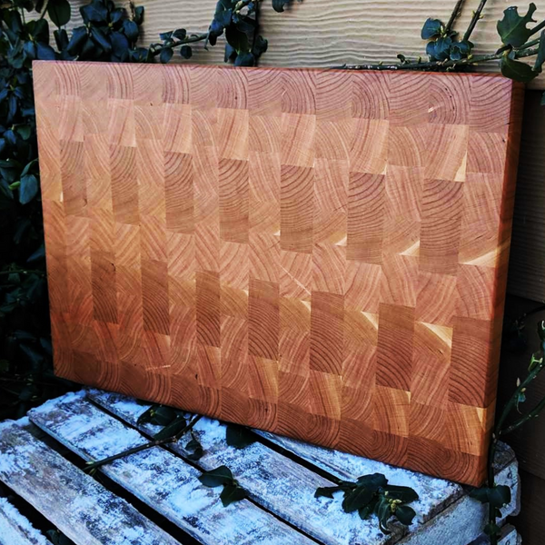 Large Cherry Wood End Grain Cutting Board with Beveled Edge, Wooden Butcher Block Board