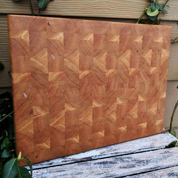 Cherry Wood End Grain Cutting Board with Hand Grooves on Sides & Beveled Edge, Wooden Butcher Block Board