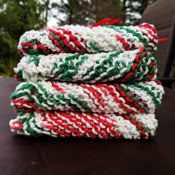 Four Hand-Knit Washcloths, 100% Cotton Dishrags, "Mistletoe" Christmas Red, Green, & White