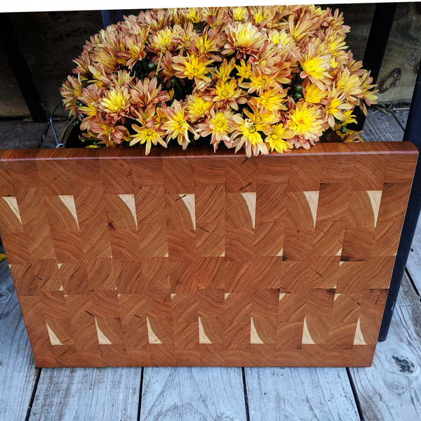 Large Cherry Wood End Grain Cutting Board with Hand Grooves and a Beveled Edge, Wooden Butcher Block Board