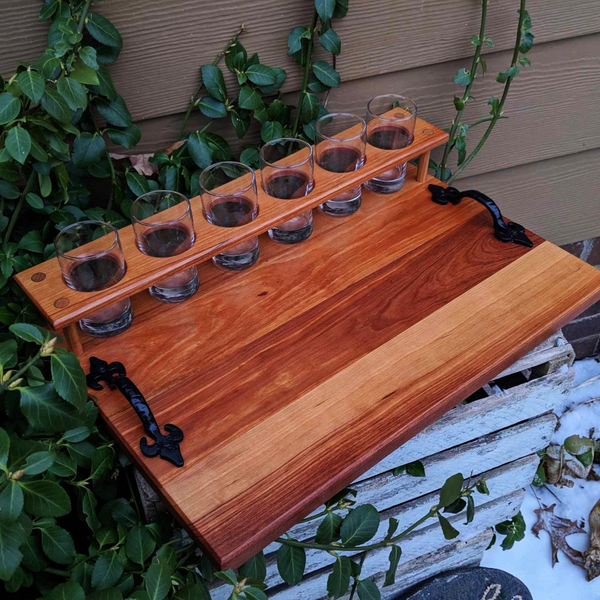 Spalted Cherry Wood Beer Flight Charcuterie Board with 5.5 oz. Taster Glasses, Stainless Steel Sauce Cups, Cast Iron Handles, & Clear Rubber Grip Feet