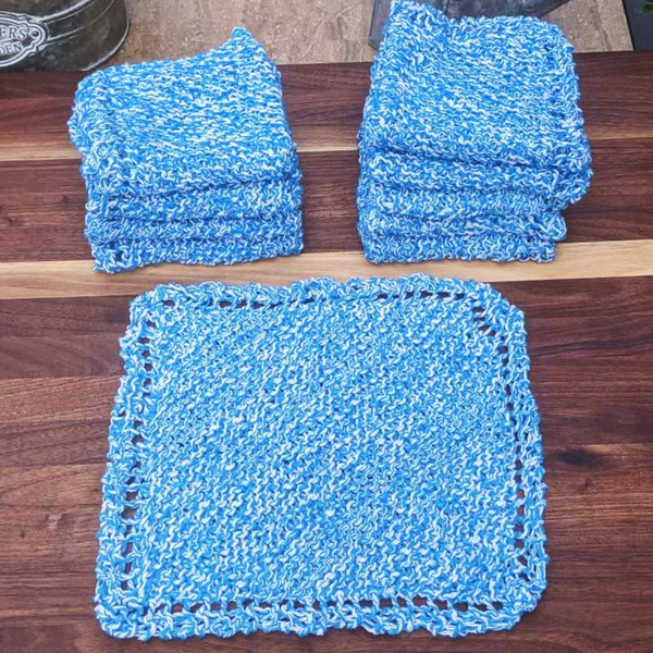 Set of Four Hand-Knit Washcloths, 100% Cotton Dishrags, Blue and White