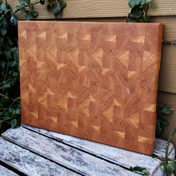 Cherry Wood End Grain Cutting Board with Hand Grooves on Sides & Beveled Edge, Wooden Butcher Block Board