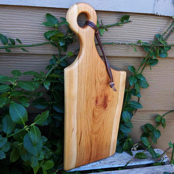 Cherry Wood Charcuterie Board With Handle & Leather Strap Wooden Serving Tray