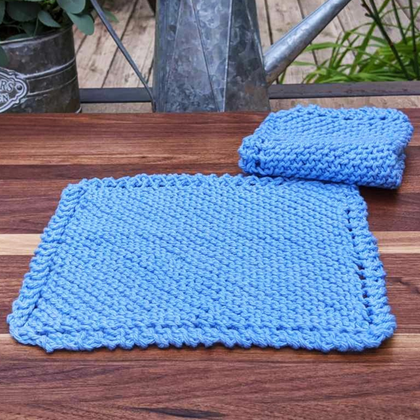 Set of Two Hand-Knit Washcloths, 100% Cotton Dishrags, Blue